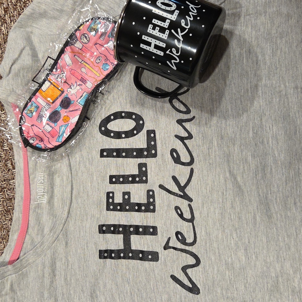 Hello Weekend Nightgown, Metal Coffee Mug and Pink Eye Mask